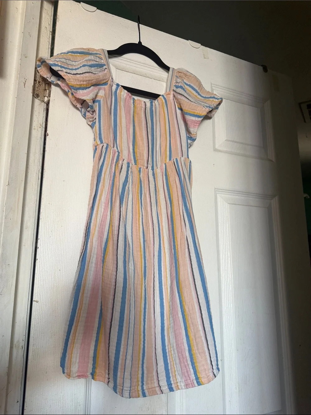 Roxy Girls Striped Pastel Flutter-Sleeve Dress - Pink Blue Yellow Cream